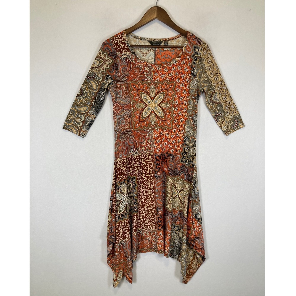 Boho Mlle Gabrielle Womens Small Orange Paisley Patchwork Handkerchief Hem Tunic